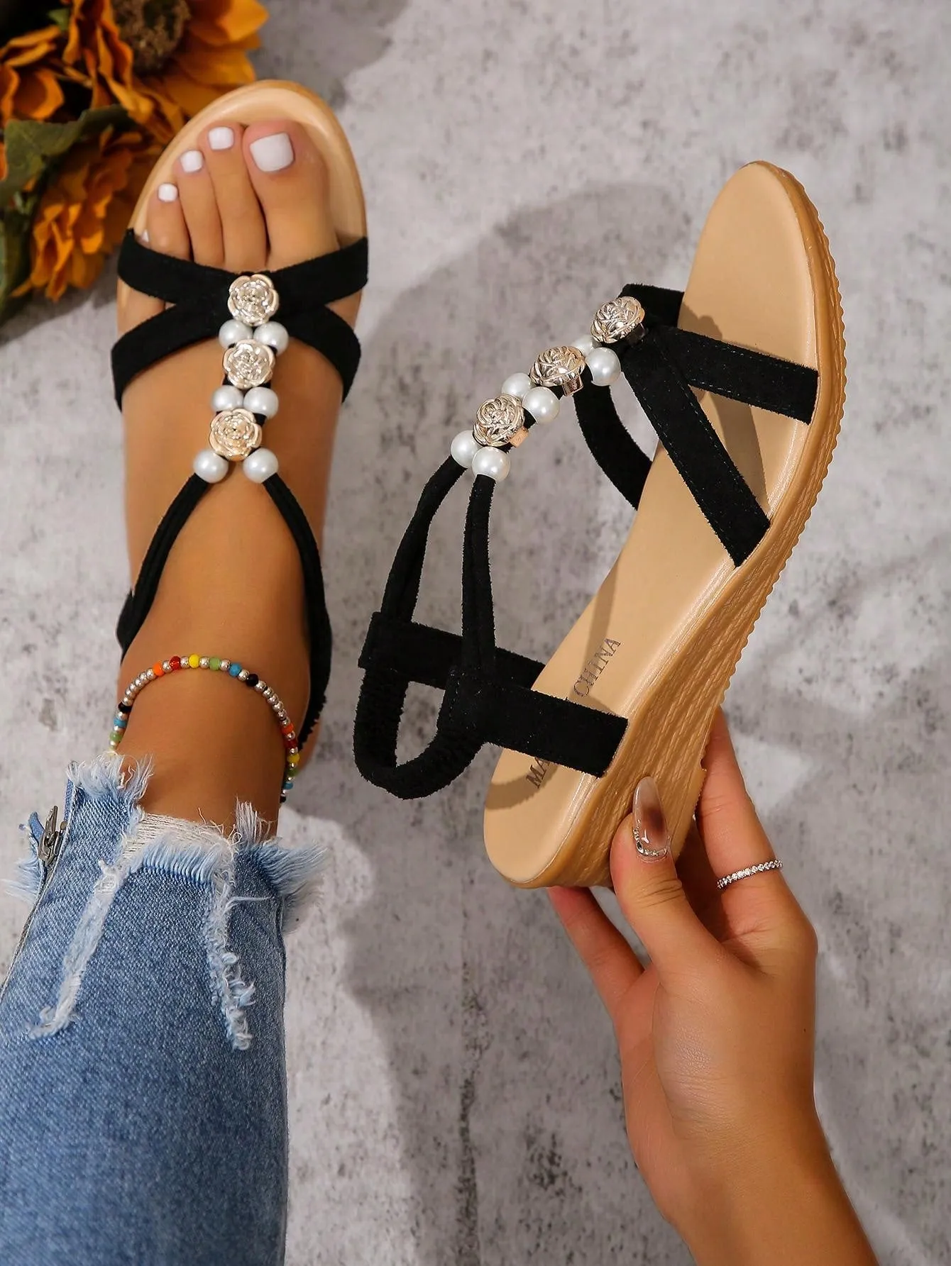 2024 Bohemian Style Summer New Women's Platform Sandals With Faux Pearls And Roses, Thick Heels For Female Students