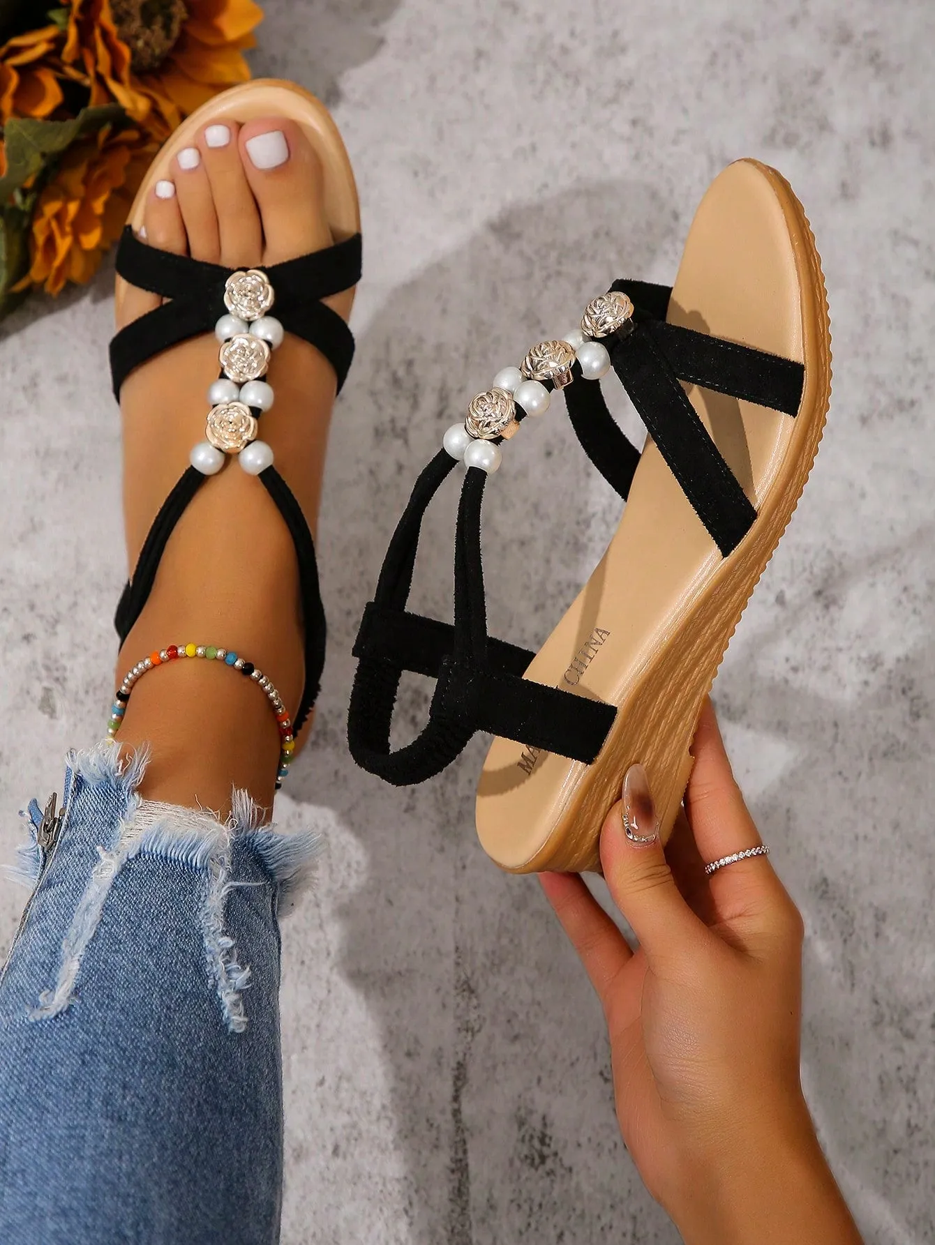 2024 Bohemian Style Summer New Women's Platform Sandals With Faux Pearls And Roses, Thick Heels For Female Students