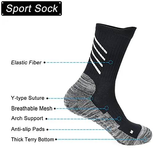 Anti-slip Sports Sock Men Women Grip Soccer Sock Non skip Slipper Sock Hospital Basketball Yoga Gym Fitness Walking Black&Grey M 3P