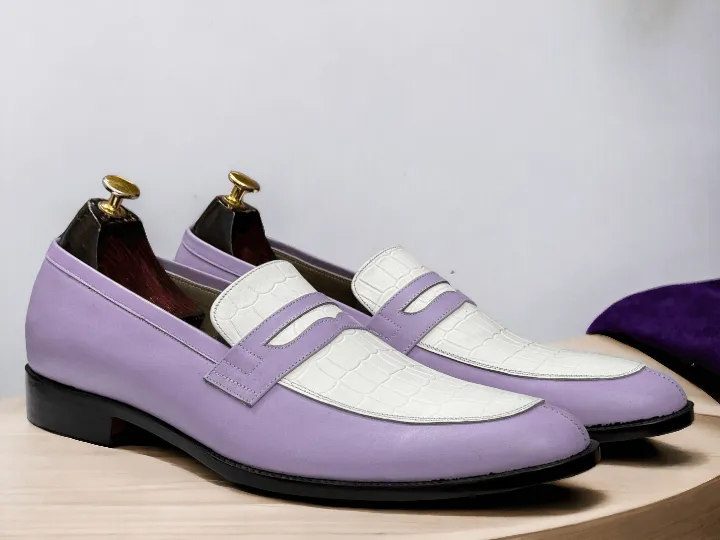 Awesome Handmade Men's White Lavender Penny Loafer Shoes, Men Dress Formal Party Loafers