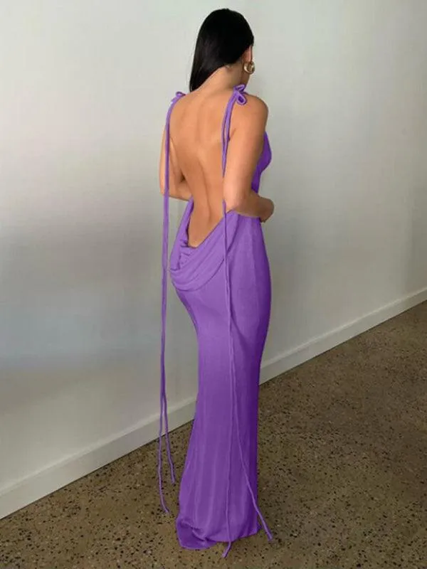 Backless Strappy Halter Maxi Dress in Soft Knit Fabric