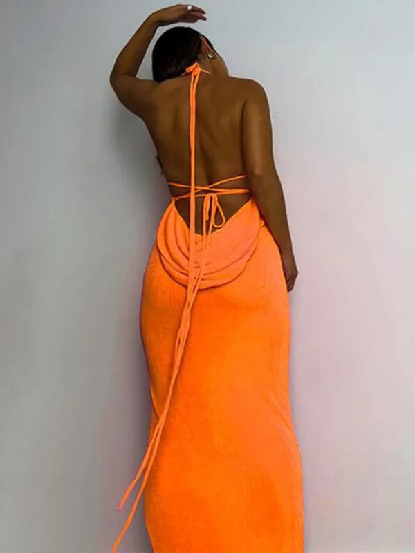 Backless Strappy Halter Maxi Dress in Soft Knit Fabric