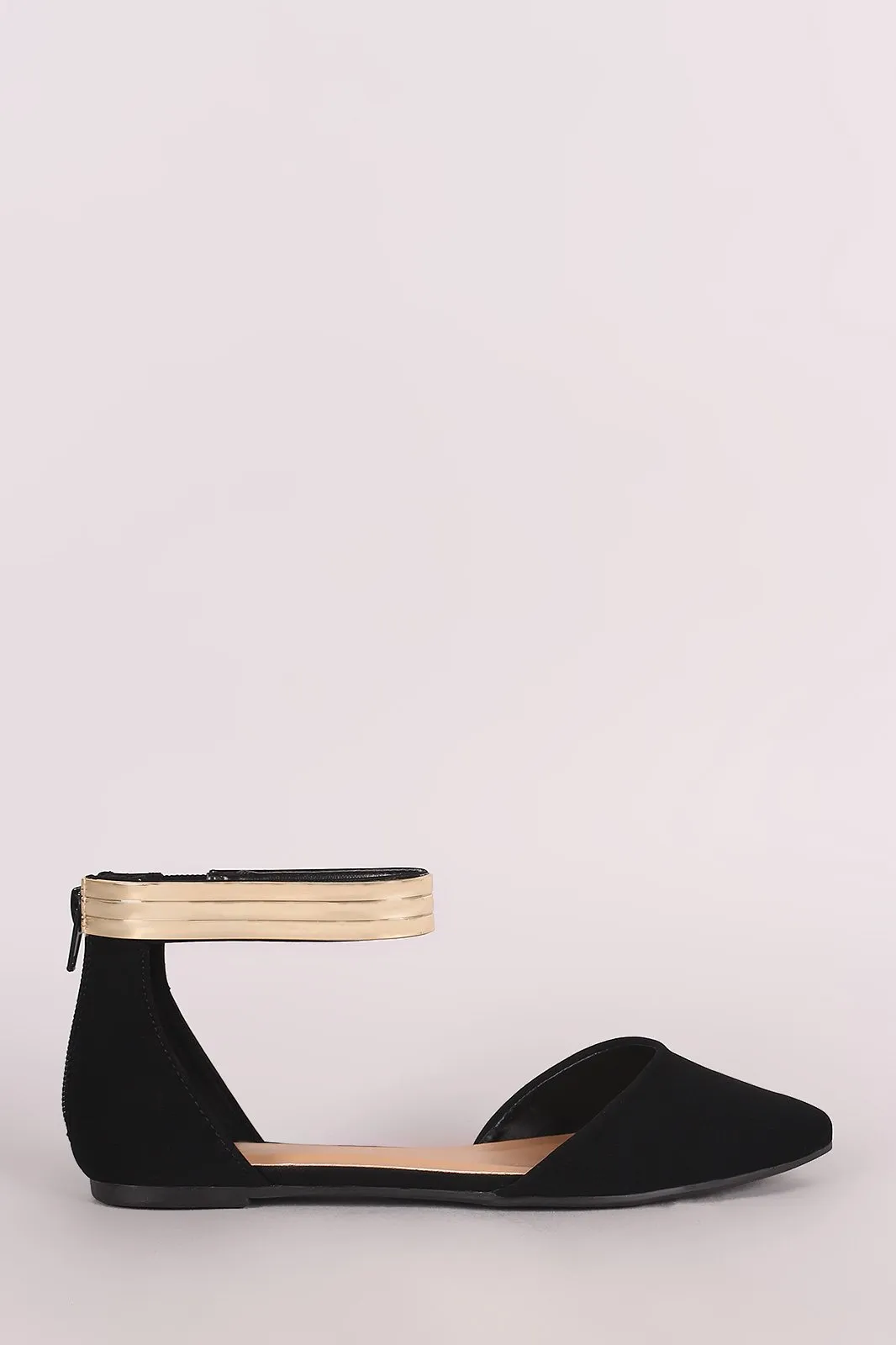 Bamboo Metallic Ankle Strap Nubuck Pointy Toe Flat