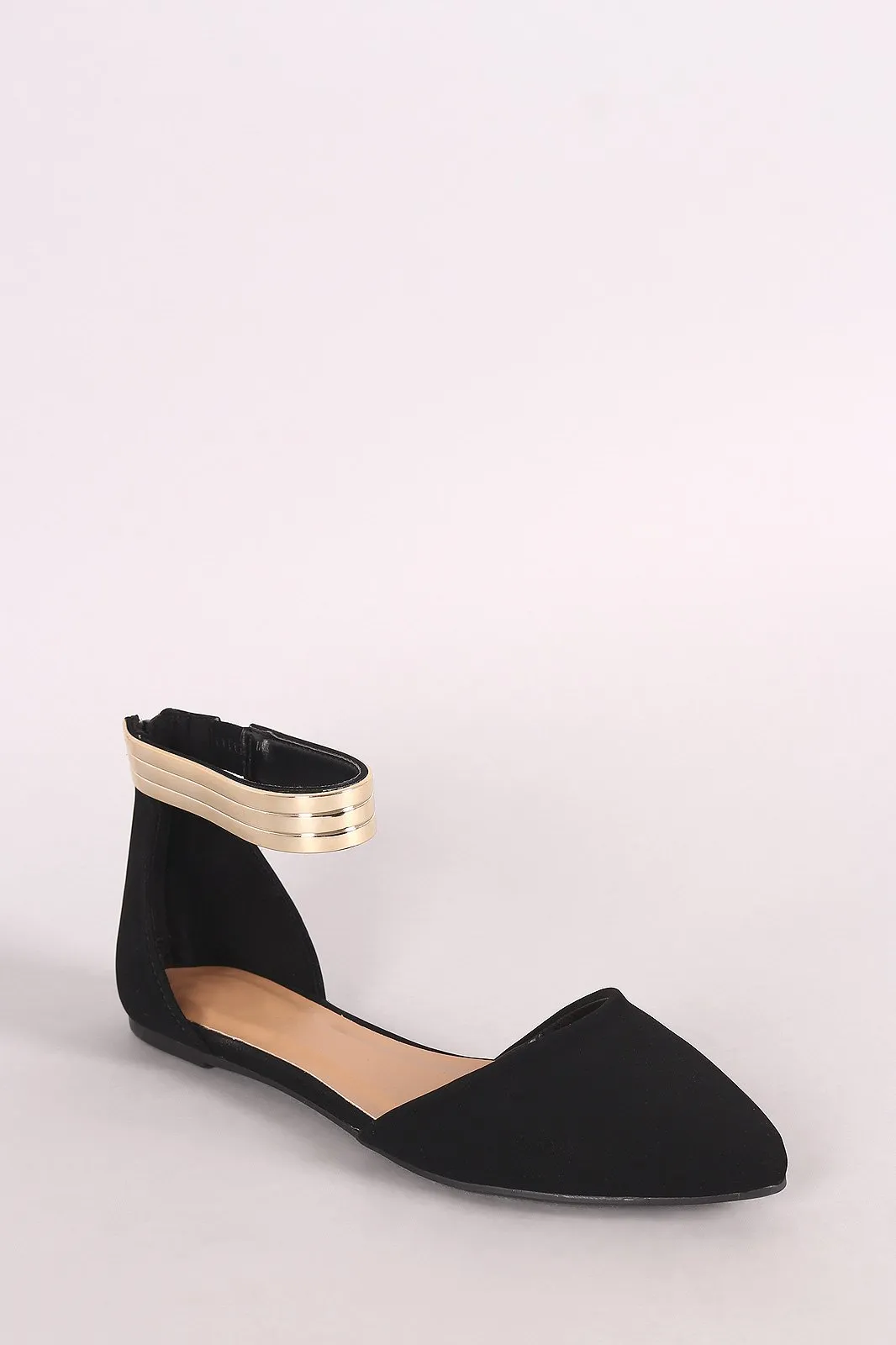 Bamboo Metallic Ankle Strap Nubuck Pointy Toe Flat