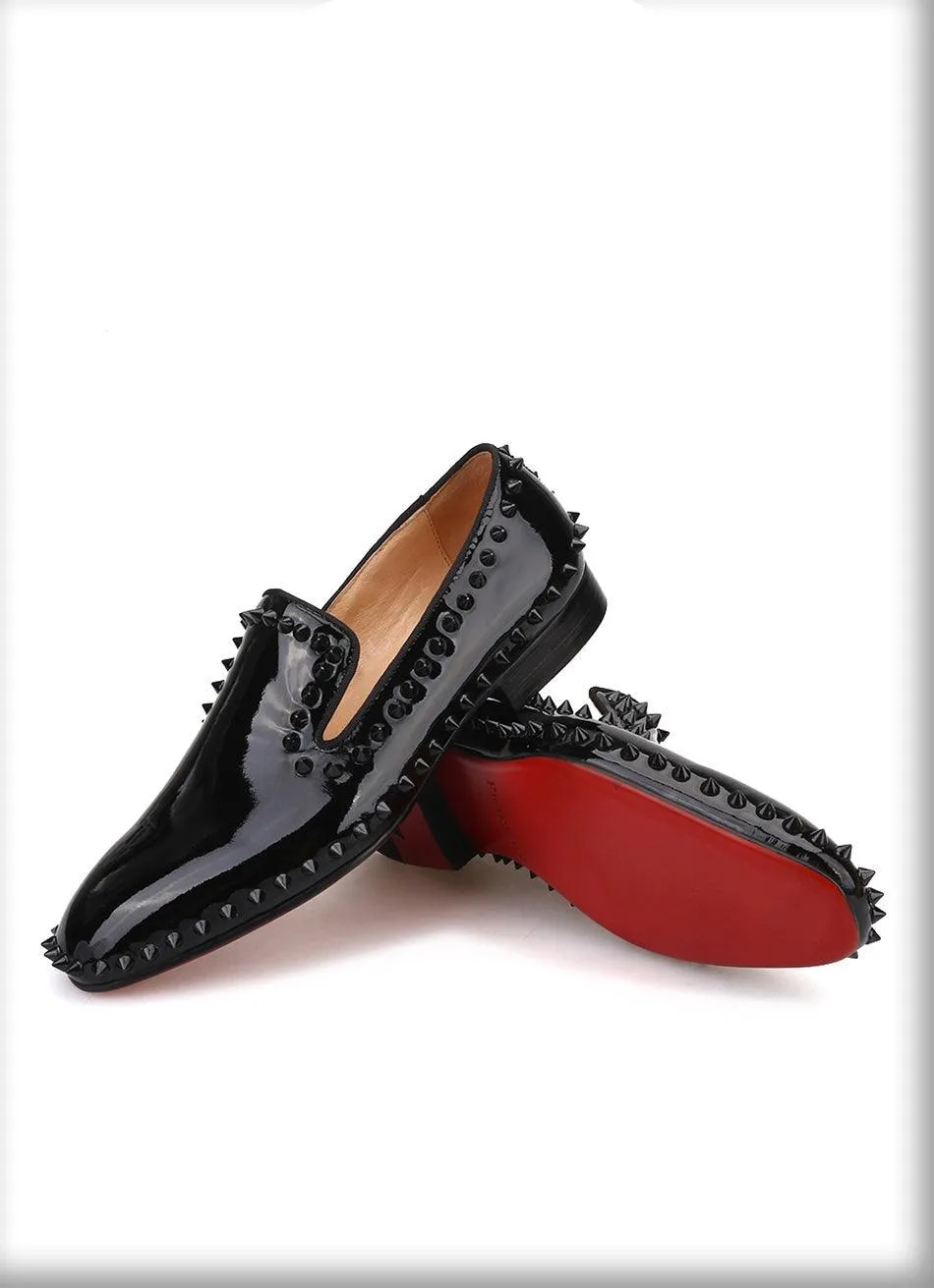 Black Patent Leather Spiked Men Loafers - Men Shoes