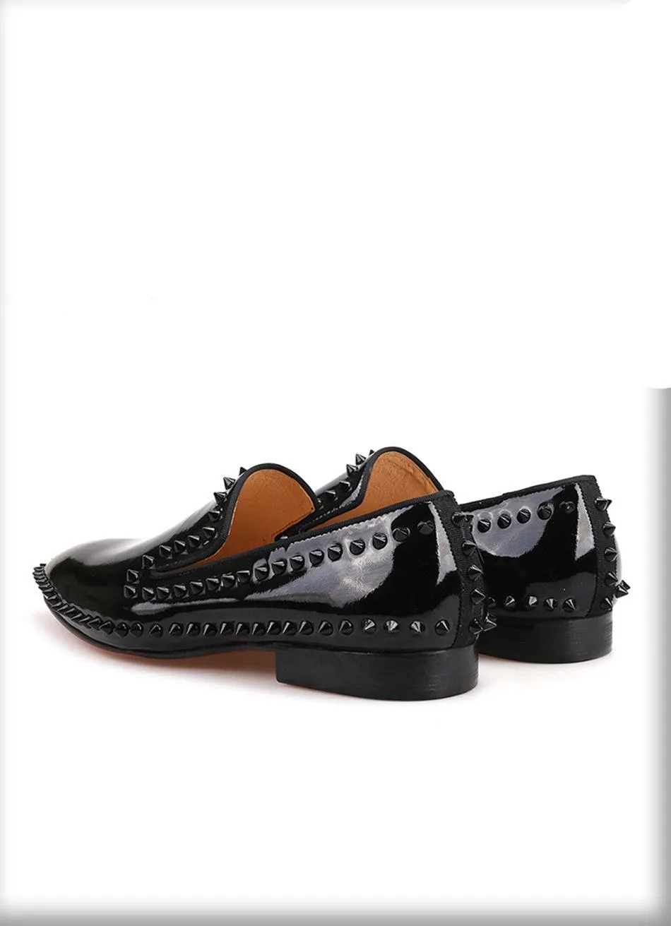 Black Patent Leather Spiked Men Loafers - Men Shoes