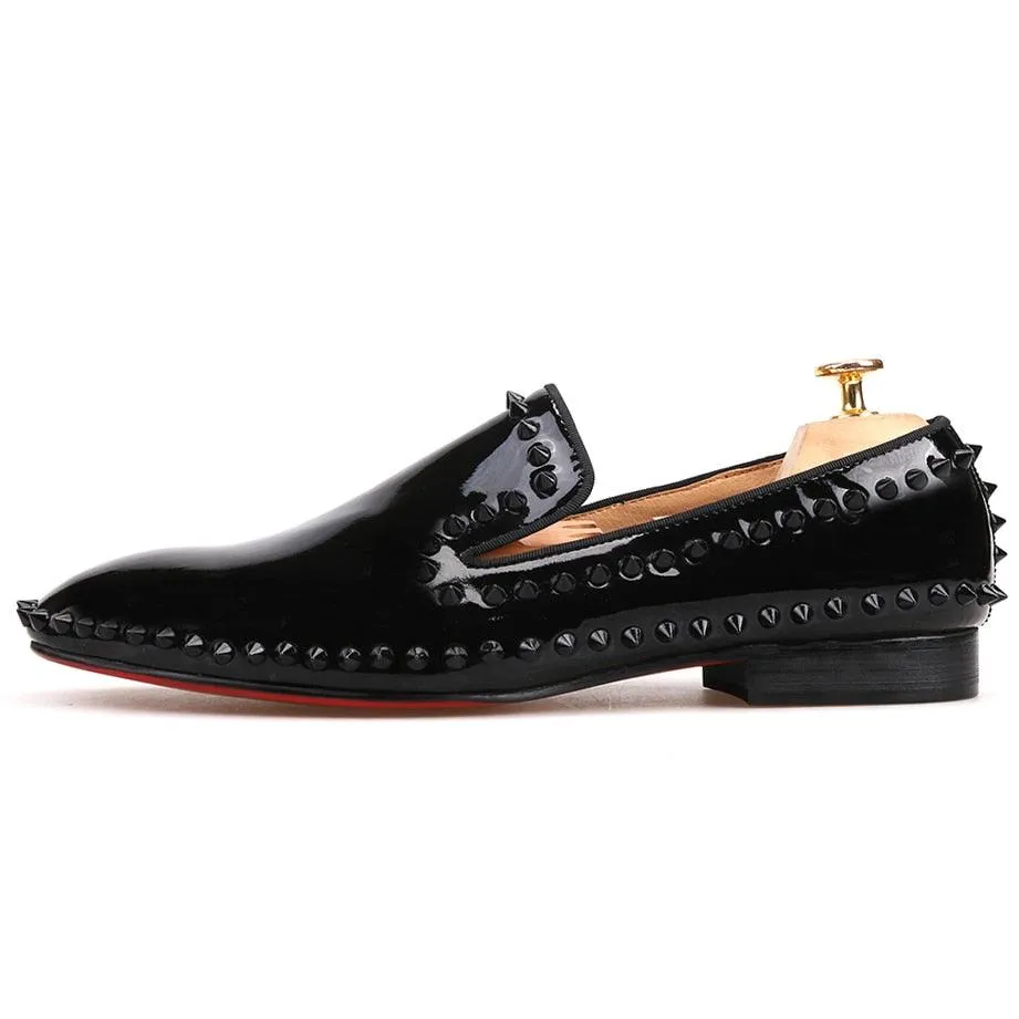 Black Patent Leather Spiked Men Loafers - Men Shoes