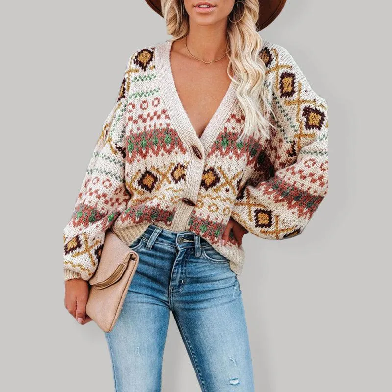 Bohemian Blossom | Women's V-Neck Knit Cardigan with Floral Elegance