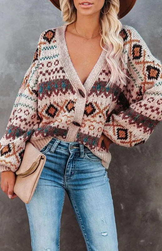 Bohemian Blossom | Women's V-Neck Knit Cardigan with Floral Elegance