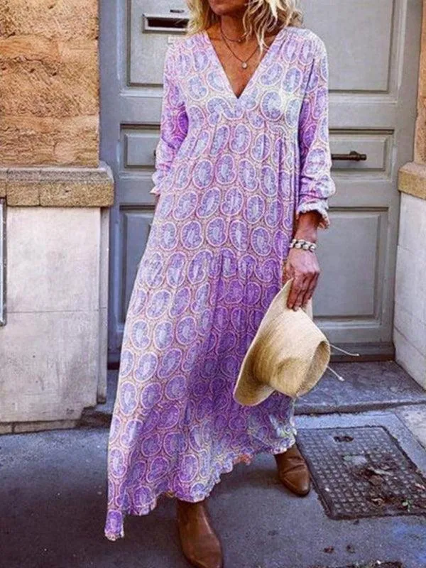 Bohemian Elegance V-Neck Maxi Dress with Flowing Sleeves