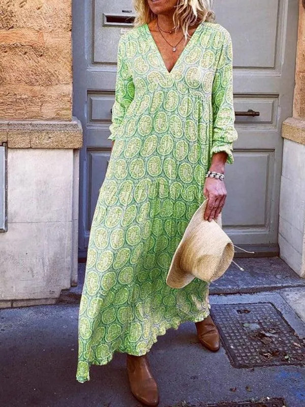 Bohemian Elegance V-Neck Maxi Dress with Flowing Sleeves