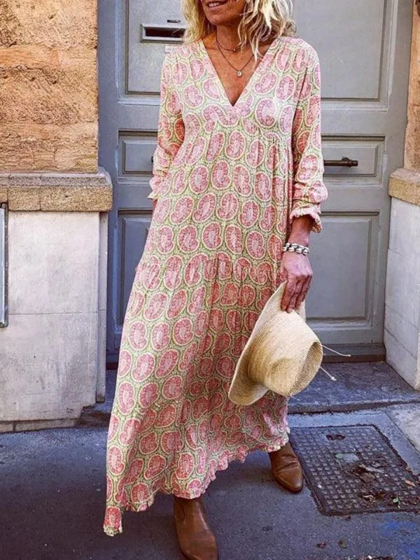 Bohemian Elegance V-Neck Maxi Dress with Flowing Sleeves