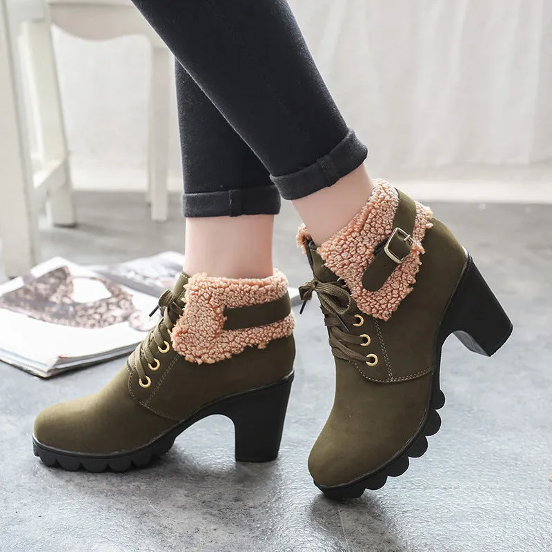 British Round Toe Lace Up Velvet Warm Middle Chunky Heel Ankle Boots