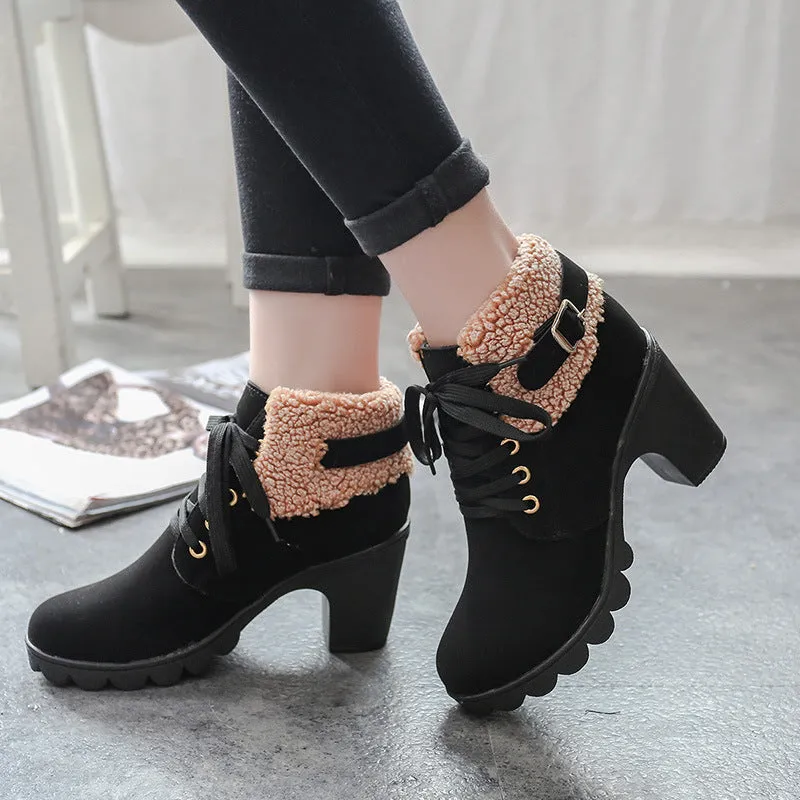 British Round Toe Lace Up Velvet Warm Middle Chunky Heel Ankle Boots