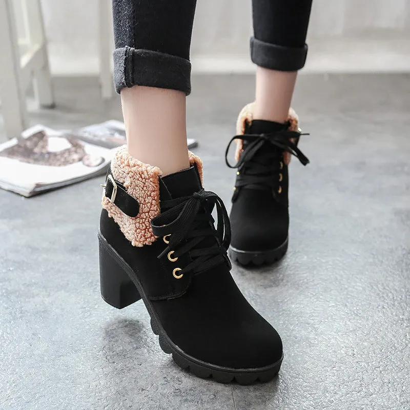 British Round Toe Lace Up Velvet Warm Middle Chunky Heel Ankle Boots