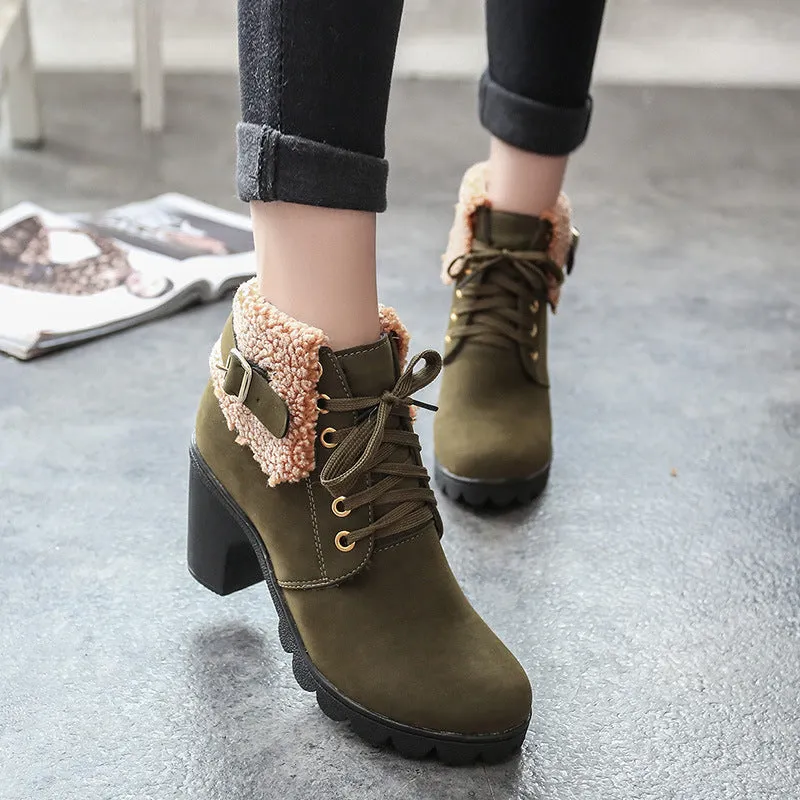 British Round Toe Lace Up Velvet Warm Middle Chunky Heel Ankle Boots