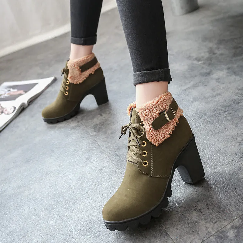 British Round Toe Lace Up Velvet Warm Middle Chunky Heel Ankle Boots