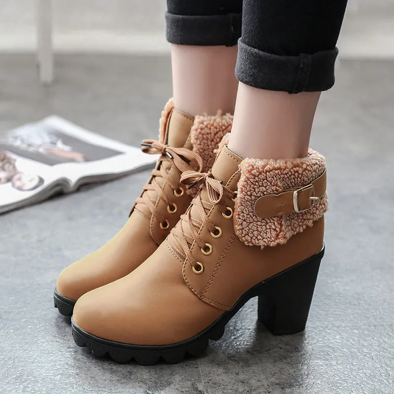 British Round Toe Lace Up Velvet Warm Middle Chunky Heel Ankle Boots