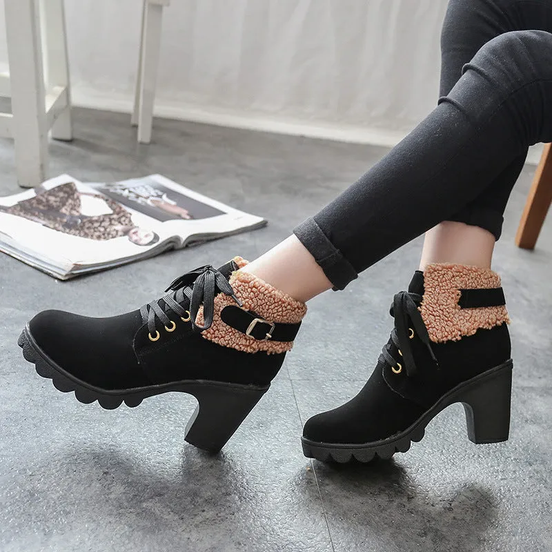 British Round Toe Lace Up Velvet Warm Middle Chunky Heel Ankle Boots