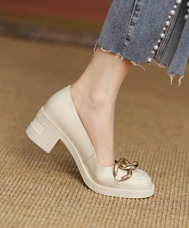 Chic Faux Leather Beige Chain Linked Splicing Chunky Heel Penny Loafers QK066