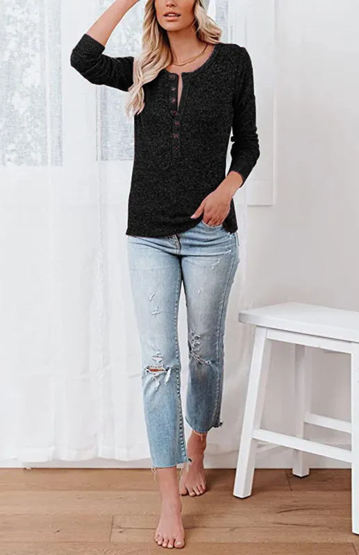 Chic Long Sleeve V-Neck Henley Blouse - Women's Casual Fashion Top