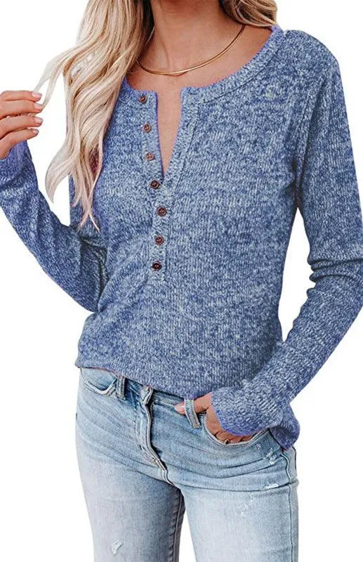 Chic Long Sleeve V-Neck Henley Blouse - Women's Casual Fashion Top