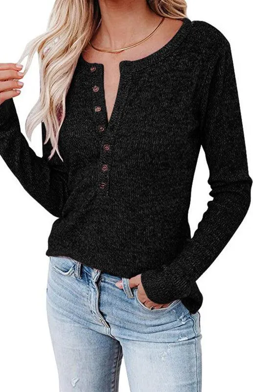 Chic Long Sleeve V-Neck Henley Blouse - Women's Casual Fashion Top