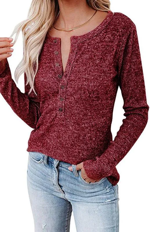 Chic Long Sleeve V-Neck Henley Blouse - Women's Casual Fashion Top