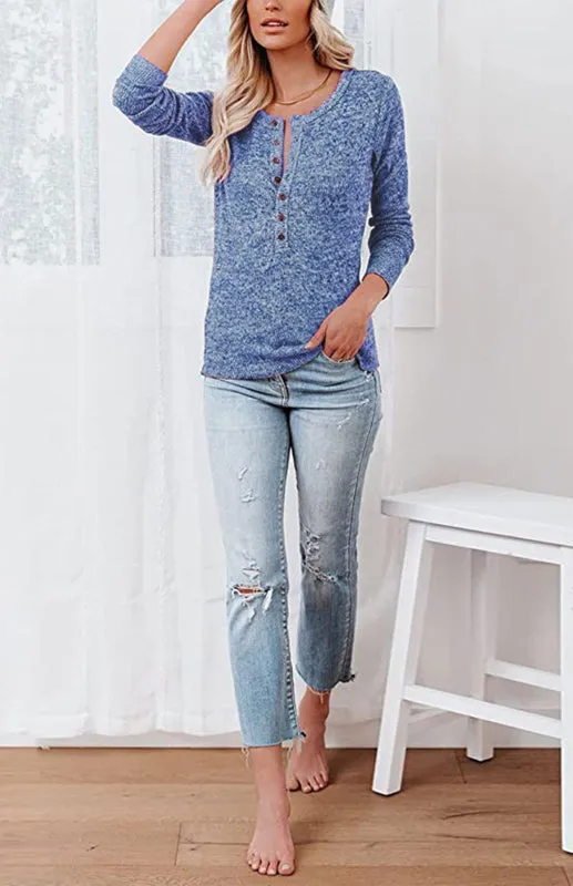 Chic Long Sleeve V-Neck Henley Blouse - Women's Casual Fashion Top