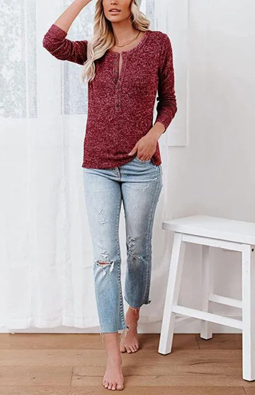 Chic Long Sleeve V-Neck Henley Blouse - Women's Casual Fashion Top