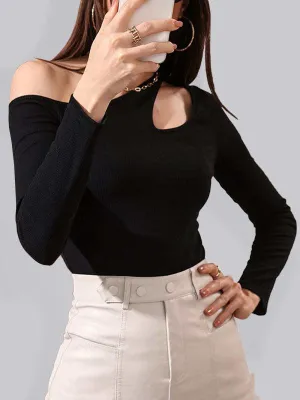 Chic Off-Shoulder Knit Top with Stylish Hollow Out Detail