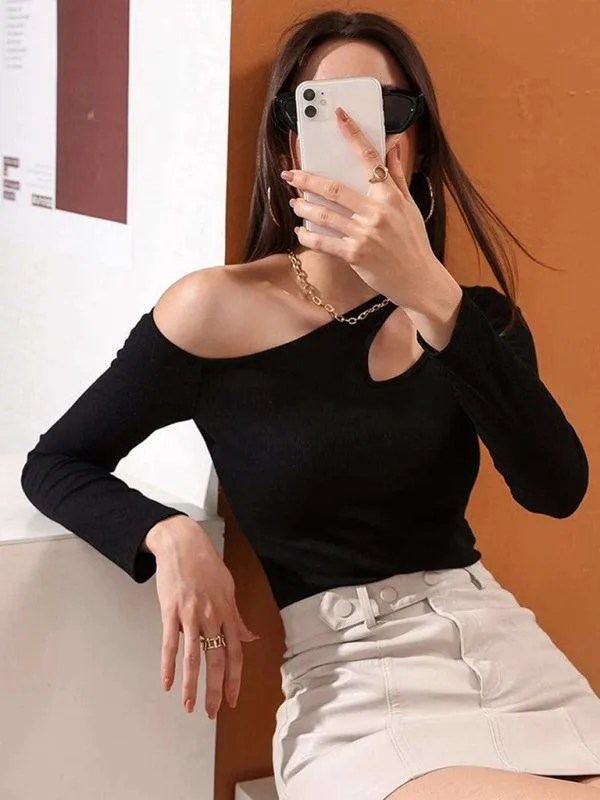 Chic Off-Shoulder Knit Top with Stylish Hollow Out Detail