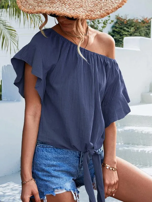 Chic Off-The-Shoulder Draped Sleeve Blouse with Tie Waist - Perfect for Spring-Summer