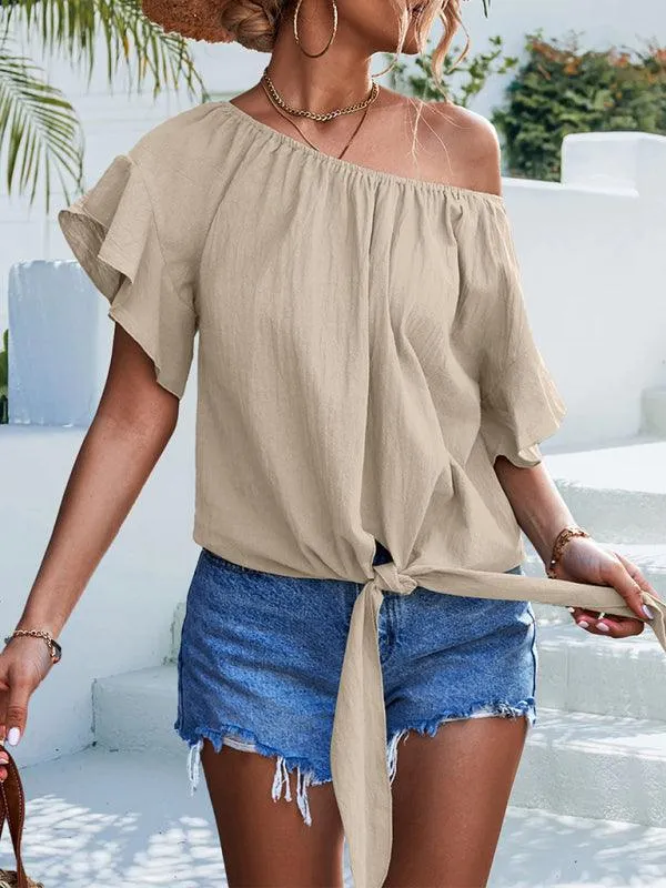 Chic Off-The-Shoulder Draped Sleeve Blouse with Tie Waist - Perfect for Spring-Summer