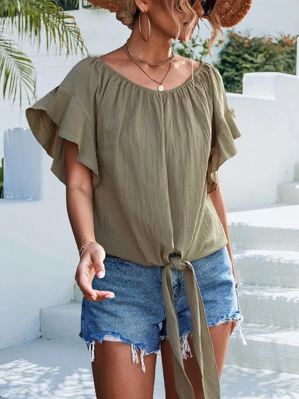 Chic Off-The-Shoulder Draped Sleeve Blouse with Tie Waist - Perfect for Spring-Summer