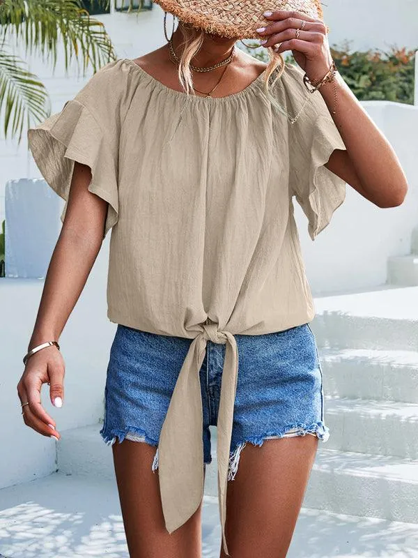 Chic Off-The-Shoulder Draped Sleeve Blouse with Tie Waist - Perfect for Spring-Summer