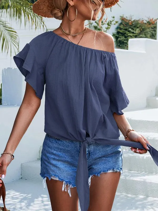 Chic Off-The-Shoulder Draped Sleeve Blouse with Tie Waist - Perfect for Spring-Summer