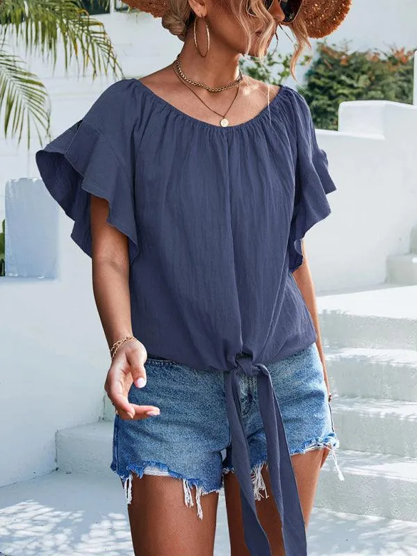 Chic Off-The-Shoulder Draped Sleeve Blouse with Tie Waist - Perfect for Spring-Summer