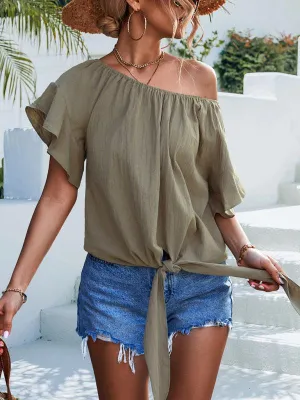 Chic Off-The-Shoulder Draped Sleeve Blouse with Tie Waist - Perfect for Spring-Summer