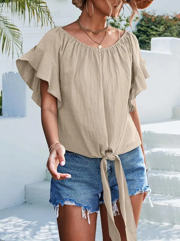 Chic Off-The-Shoulder Draped Sleeve Blouse with Tie Waist - Perfect for Spring-Summer