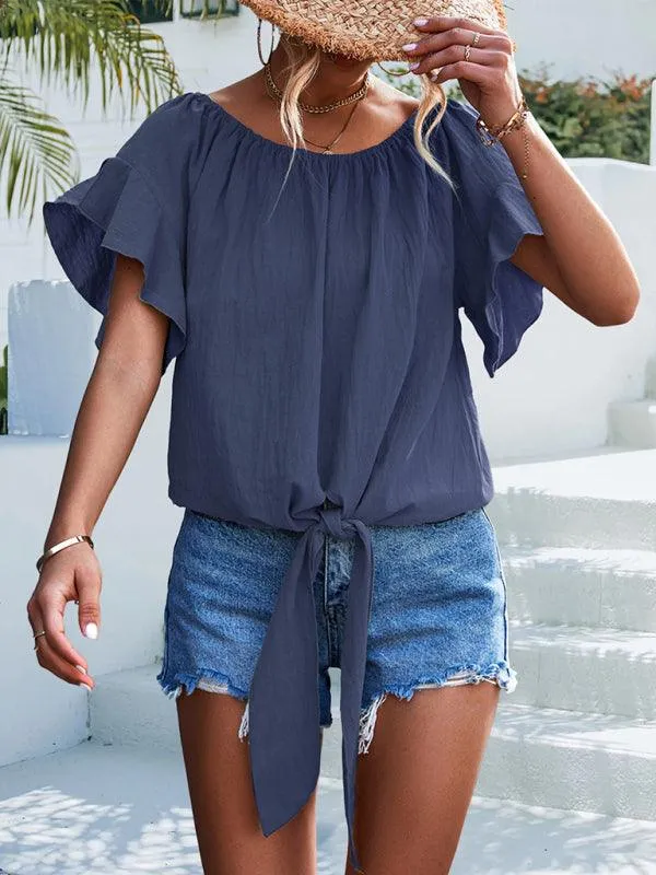 Chic Off-The-Shoulder Draped Sleeve Blouse with Tie Waist - Perfect for Spring-Summer