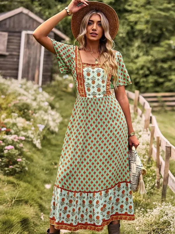 Chic Summer Bohemian Midi Dress with Square Neck