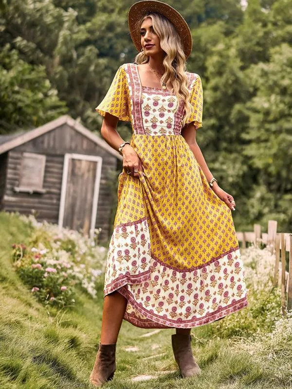 Chic Summer Bohemian Midi Dress with Square Neck