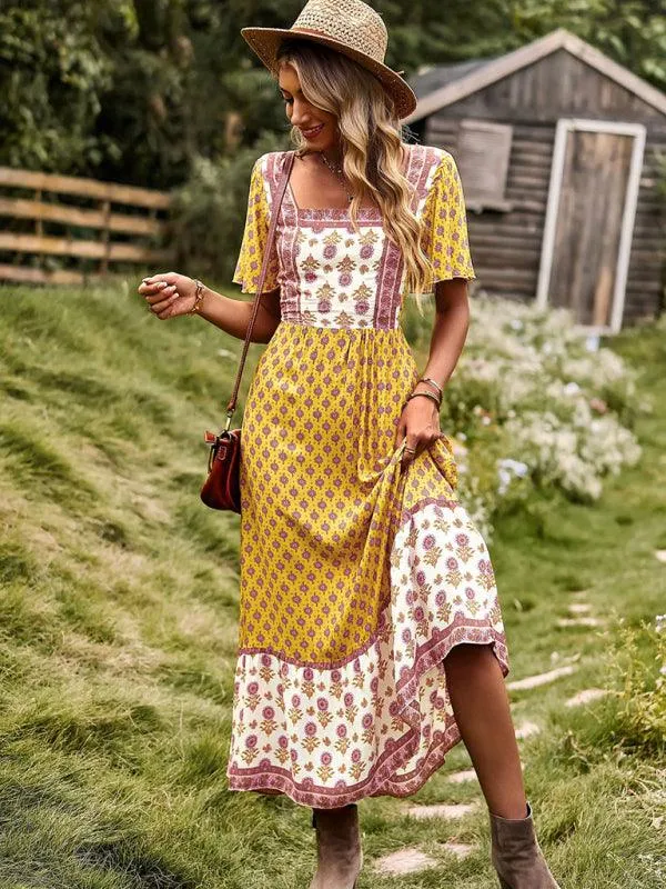 Chic Summer Bohemian Midi Dress with Square Neck