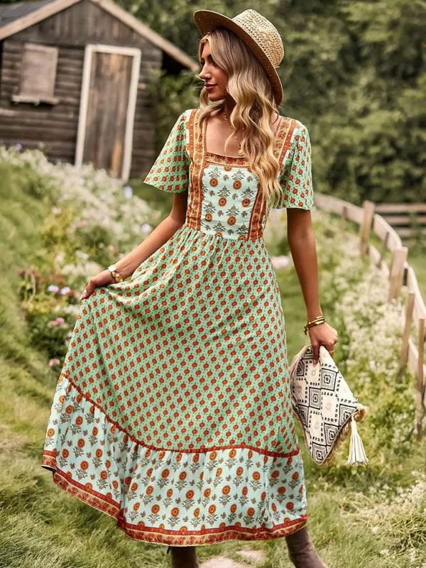 Chic Summer Bohemian Midi Dress with Square Neck