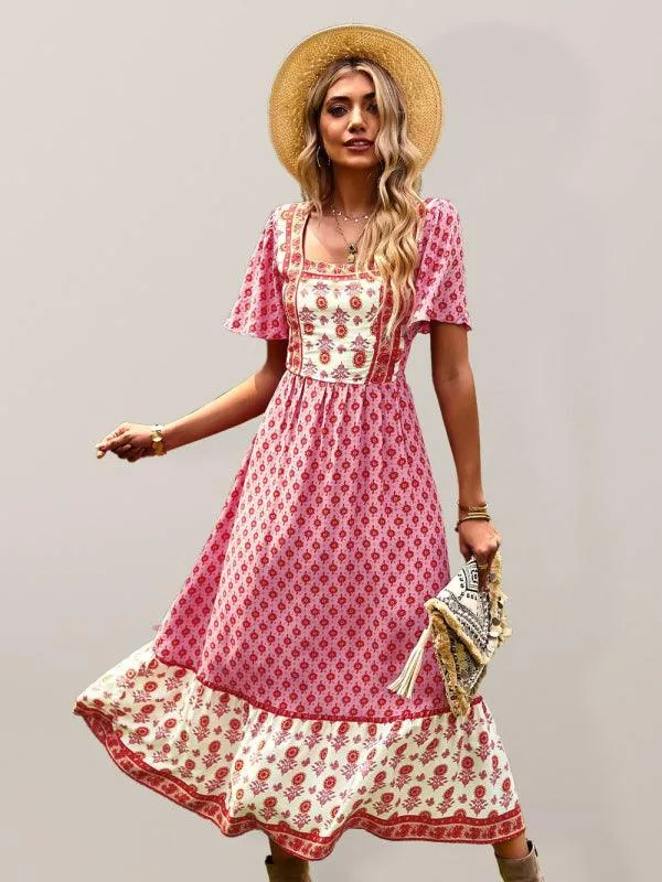 Chic Summer Bohemian Midi Dress with Square Neck