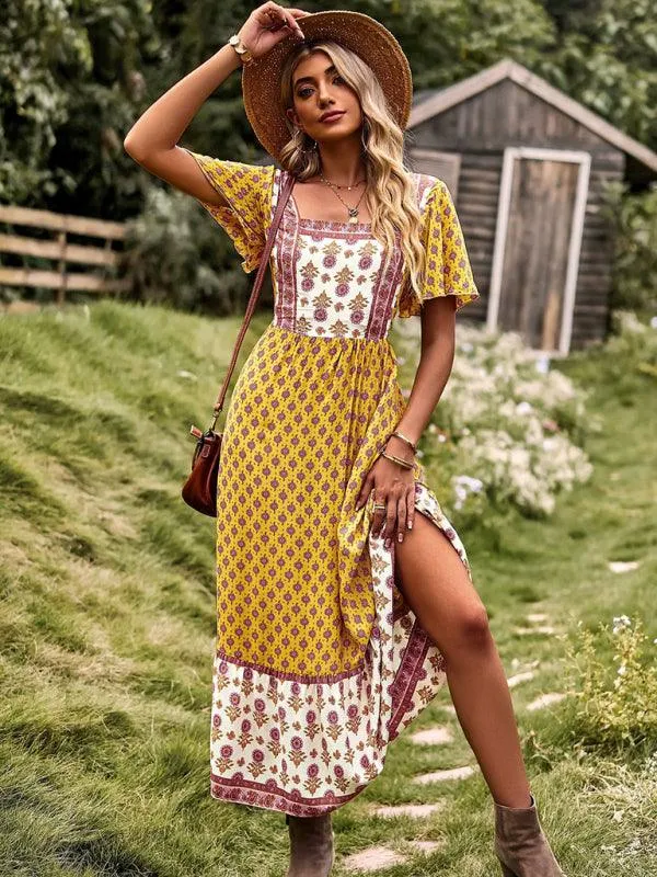 Chic Summer Bohemian Midi Dress with Square Neck