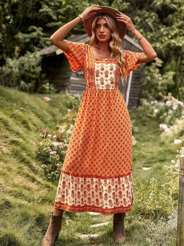 Chic Summer Bohemian Midi Dress with Square Neck