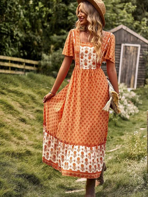 Chic Summer Bohemian Midi Dress with Square Neck