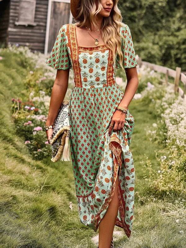 Chic Summer Bohemian Midi Dress with Square Neck